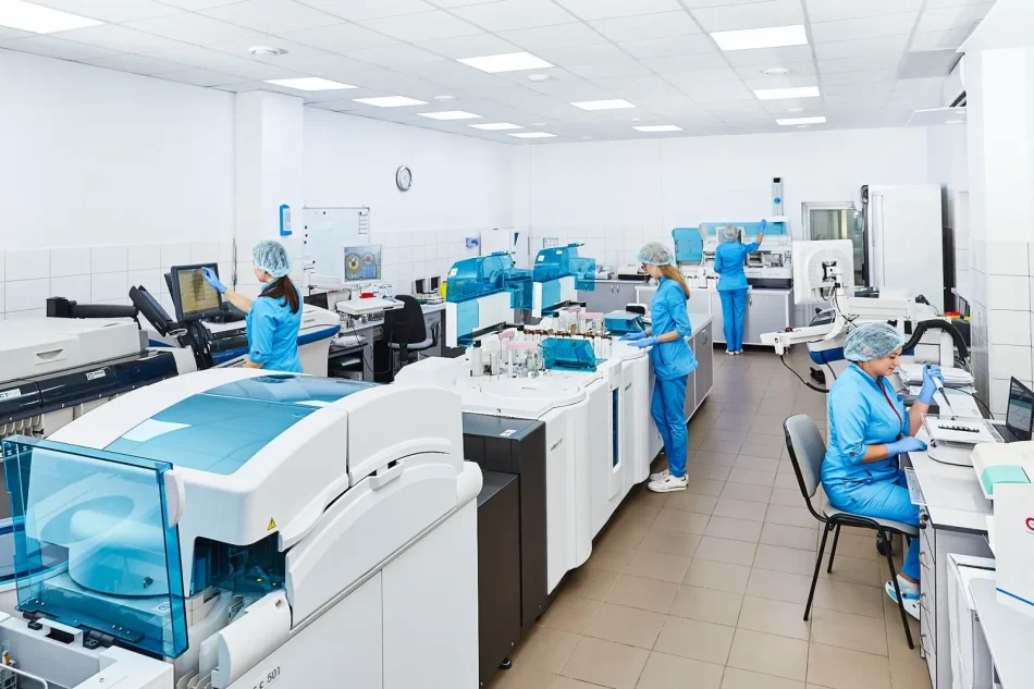 Team of scientists working together inside a research laboratory