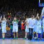 A packed basketball arena during an NBA game