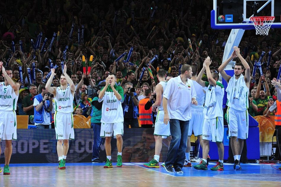 A packed basketball arena during an NBA game