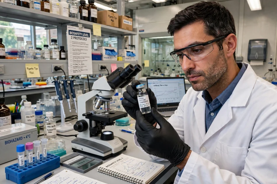 Researchers working on a personalised cancer vaccine in a laboratory