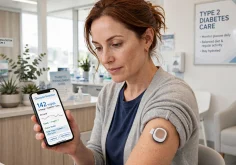 Adult with type 2 diabetes wearing a continuous glucose monitor and checking readings on a smartphone