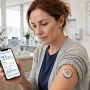 Adult with type 2 diabetes wearing a continuous glucose monitor and checking readings on a smartphone