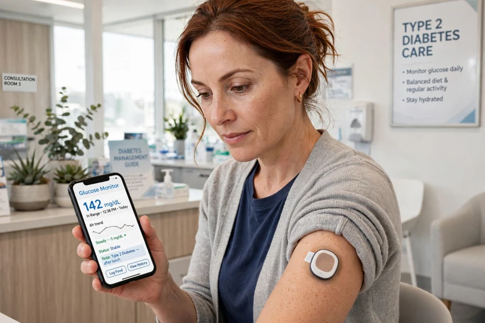 Adult with type 2 diabetes wearing a continuous glucose monitor and checking readings on a smartphone