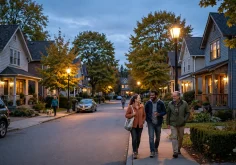 Friendly residential street at dusk with warm street lighting