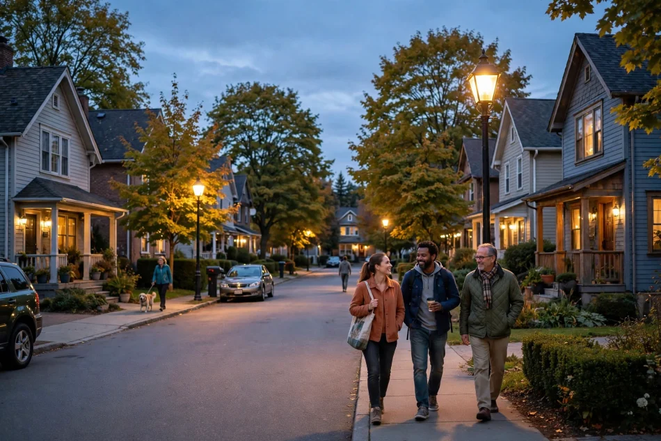 Friendly residential street at dusk with warm street lighting